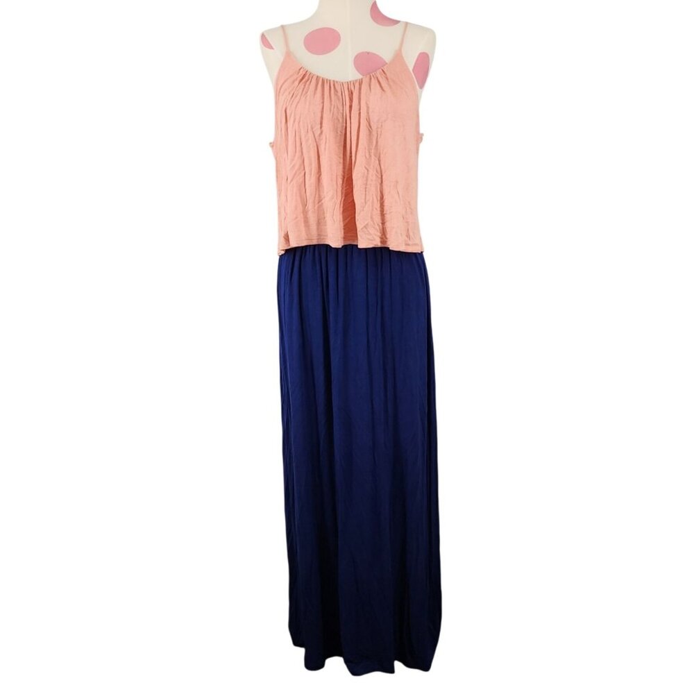 Women's Pink Owl Apparel Navy Peach Spaghetti Strap Maxi Dress Medium Flowy Long